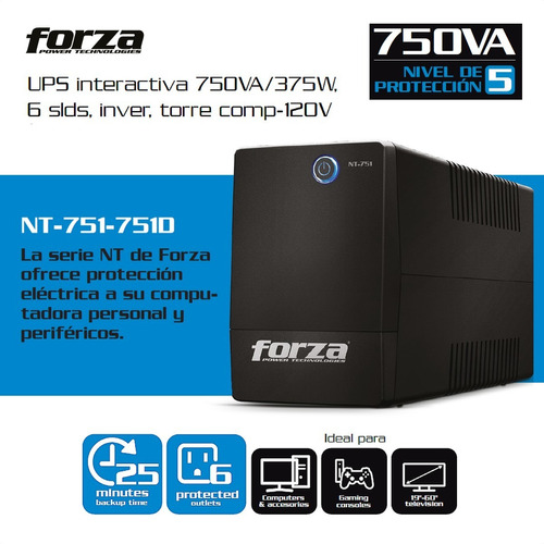 Ups Interactiva Forza Nt-751, 750va/375w, 6 Tomas, 1pc±25min Color Negro - Imagen 5