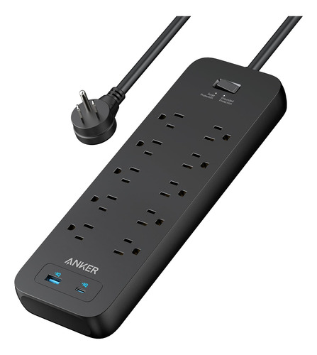 Protector Anker: Regleta 2100J, 10 Tomas, 2 USB, Negro, 6Ft