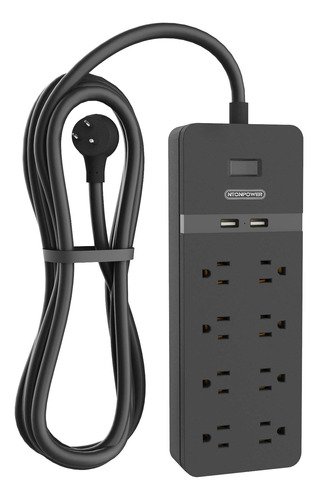 Regleta NTONPOWER 8 Tomas + USB, Cable 25 ft, Negra, Protec