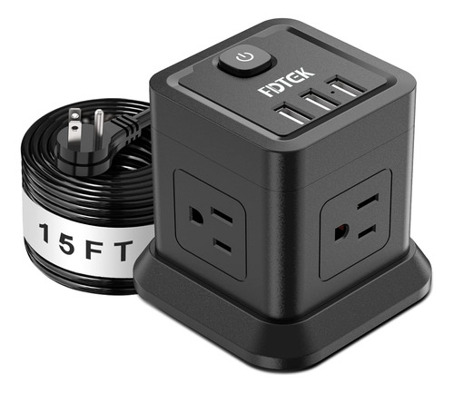 Regleta FDTEK 15 ft, 4 Tomas y 3 USB, Cable Extensión Plan