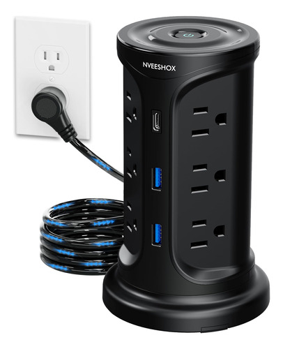 TORRE SUPRESORA SOBRETENSIONES - 12 TOMAS, 3 USB, 6.5 Ft, N