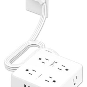 Tcstei Extensión 6 Ft Plana Blanca: 8 AC y 4 USB, Protecto