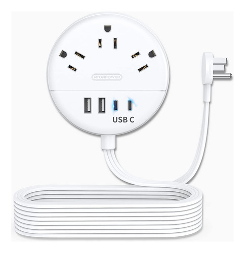 NTONPOWER Alargador Plano 15 ft, 3 Tomacorrientes 4 Puertos