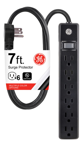 Regleta de Enchufes GE Negra, 6 Tomas, Cable 7 Ft, UL