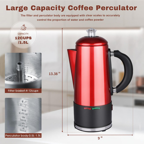 Werkweit Percolador De Café Eléctrico De 12 Tazas De Acer. Color Rojo - Imagen 3