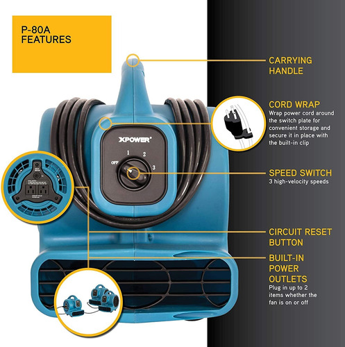 Xpower P-80a Mini Mighty Air Mover Utility Fan With Built... - Imagen 3
