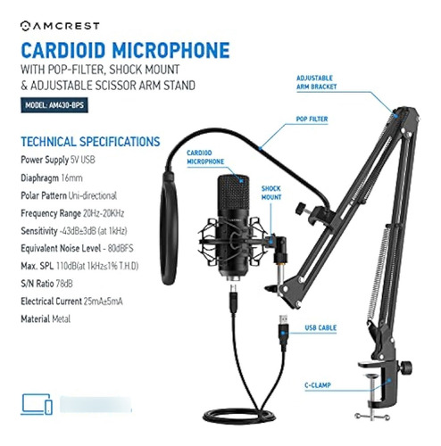 Amcrest Microfono Usb Para Grabaciones De Voz, Podcasts, Jue - Imagen 3