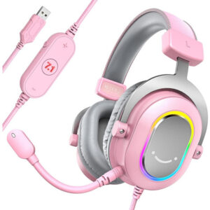 Auriculares Envolventes Para Jugadores Fifine Ampligame H6 Rgb 7.1, Color Rosa