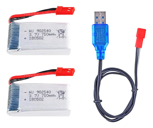 2 Piezas 3.7v 750mah 25c 902540 Batería Lipo Recargable Con