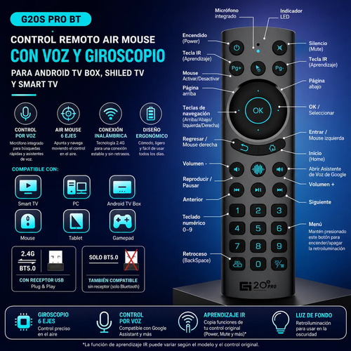 Control Universal Air Mouse G20s Pro Control Voz Smart Tv Pc Negro - Imagen 5
